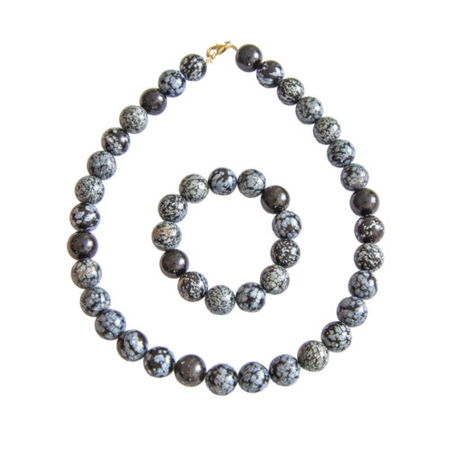 parure obsidienne neige pierres boules 14mm